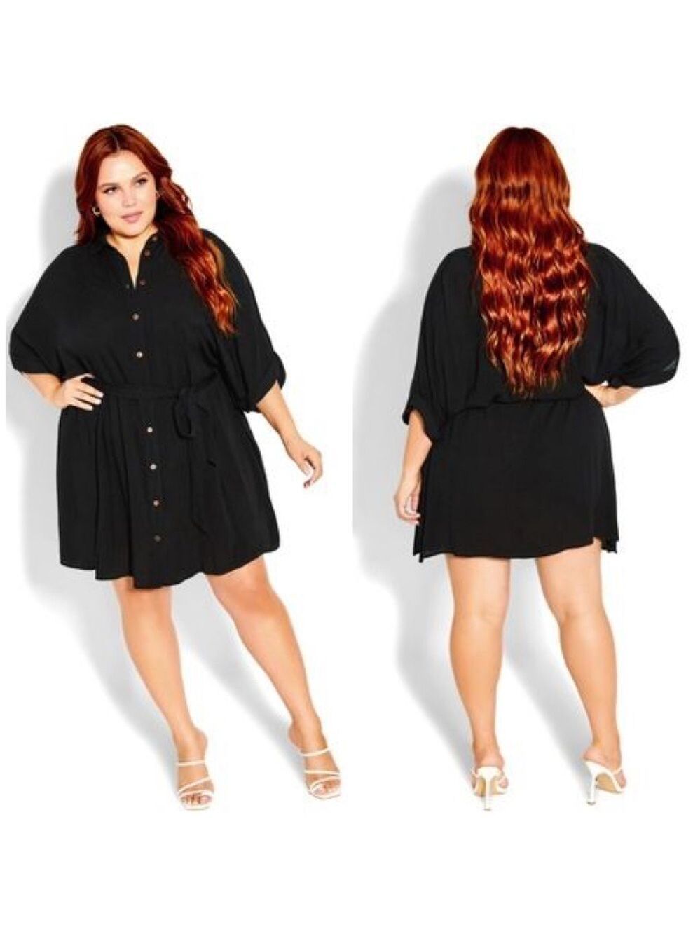 City Chic Button Thru Tunic Shirt Dress in Black